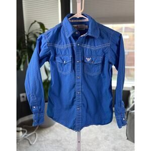 Cowboy Hardware Boys Western Snap Shirt Blue Print Long Sleeve Size M 7/8